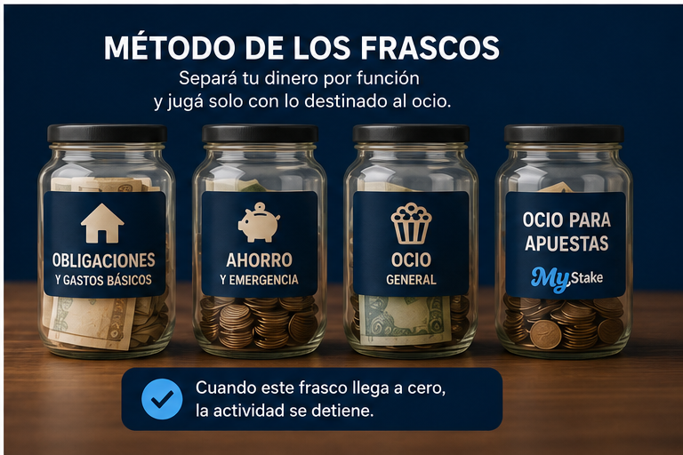 Frascos separados para gastos básicos, ahorro, ocio y apuestas