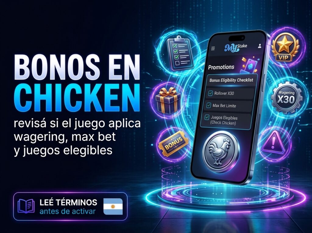 Imagen sobre bonos en Chicken MyStake con wagering, apuesta máxima, juegos elegibles y revisión de términos antes de activar