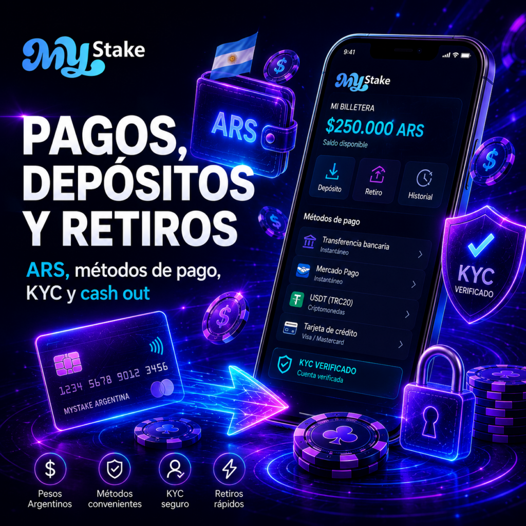 Billetera móvil de MyStake con saldo en ARS, métodos de pago, depósitos, retiros y verificación KYC