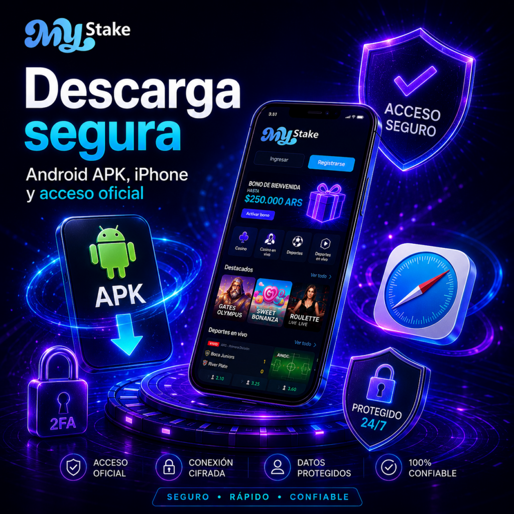 MyStake App con acceso seguro, APK para Android, Safari para iPhone, 2FA y protección de datos