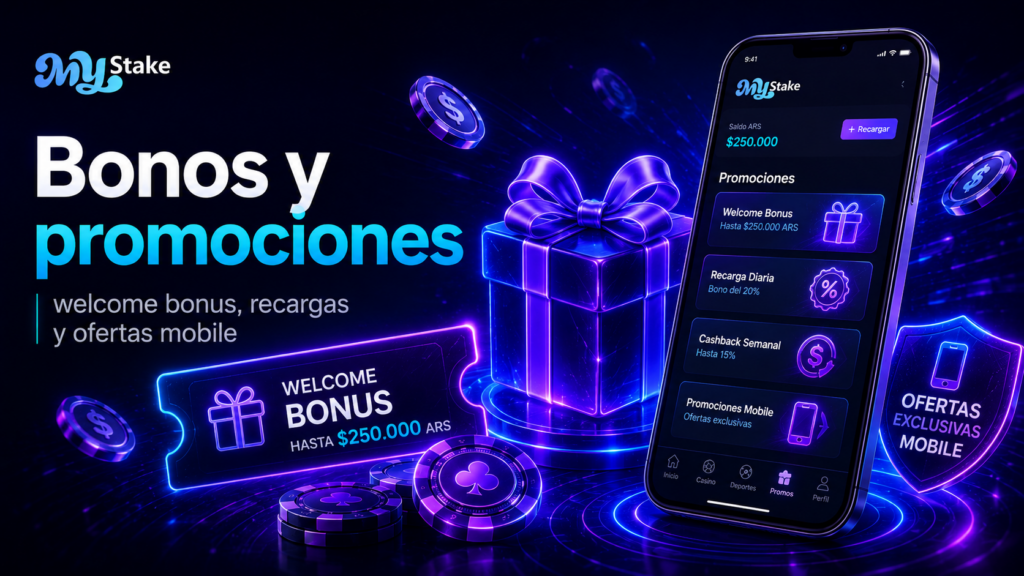 Promociones móviles de MyStake App con welcome bonus, recargas, cashback y ofertas para jugadores argentinos