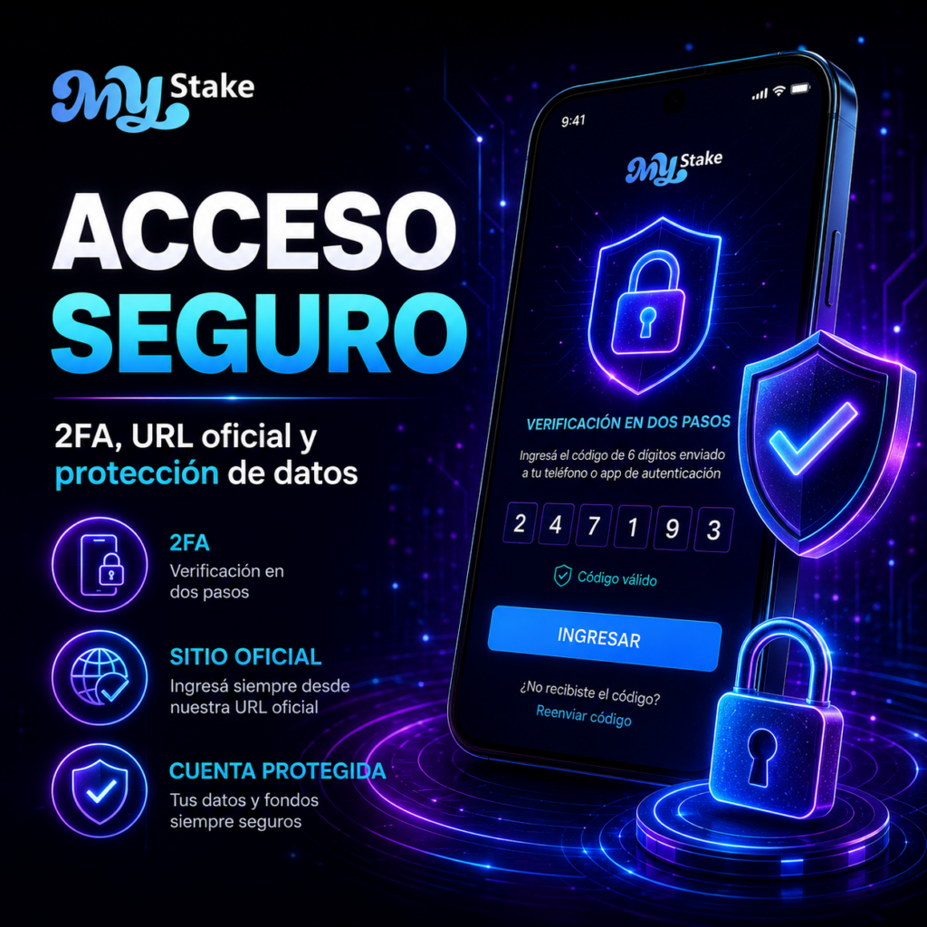 Verificación en dos pasos de MyStake, acceso desde URL oficial, protección de datos y cuenta segura para jugadores de Argentina