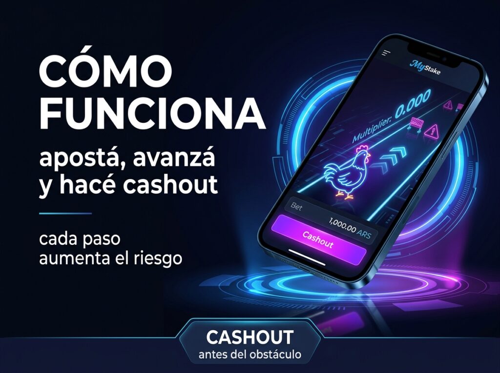 Imagen sobre cómo funciona una ronda de Chicken MyStake con apuesta, avance de la gallina, multiplicador y cashout