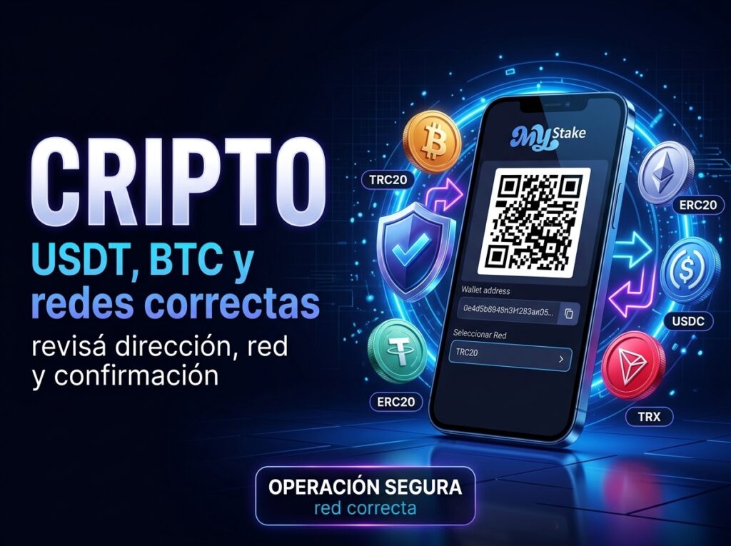 Imagen sobre depósitos y retiros con cripto en MyStake Argentina, USDT, BTC y redes correctas