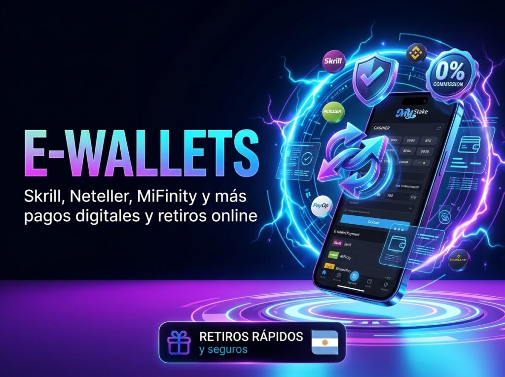 Ilustración de e-wallets para MyStake Argentina con Skrill, Neteller, MiFinity y retiros digitales seguros
