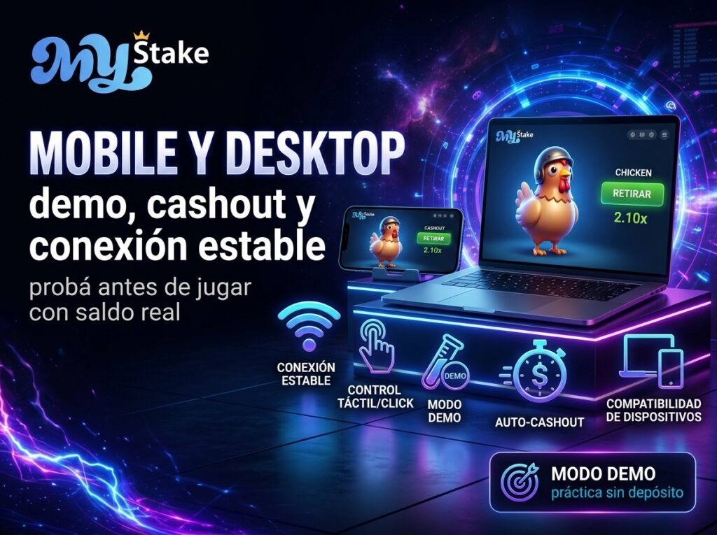Imagen de Chicken MyStake en celular y computadora con modo demo, cashout, conexión estable y compatibilidad de dispositivos