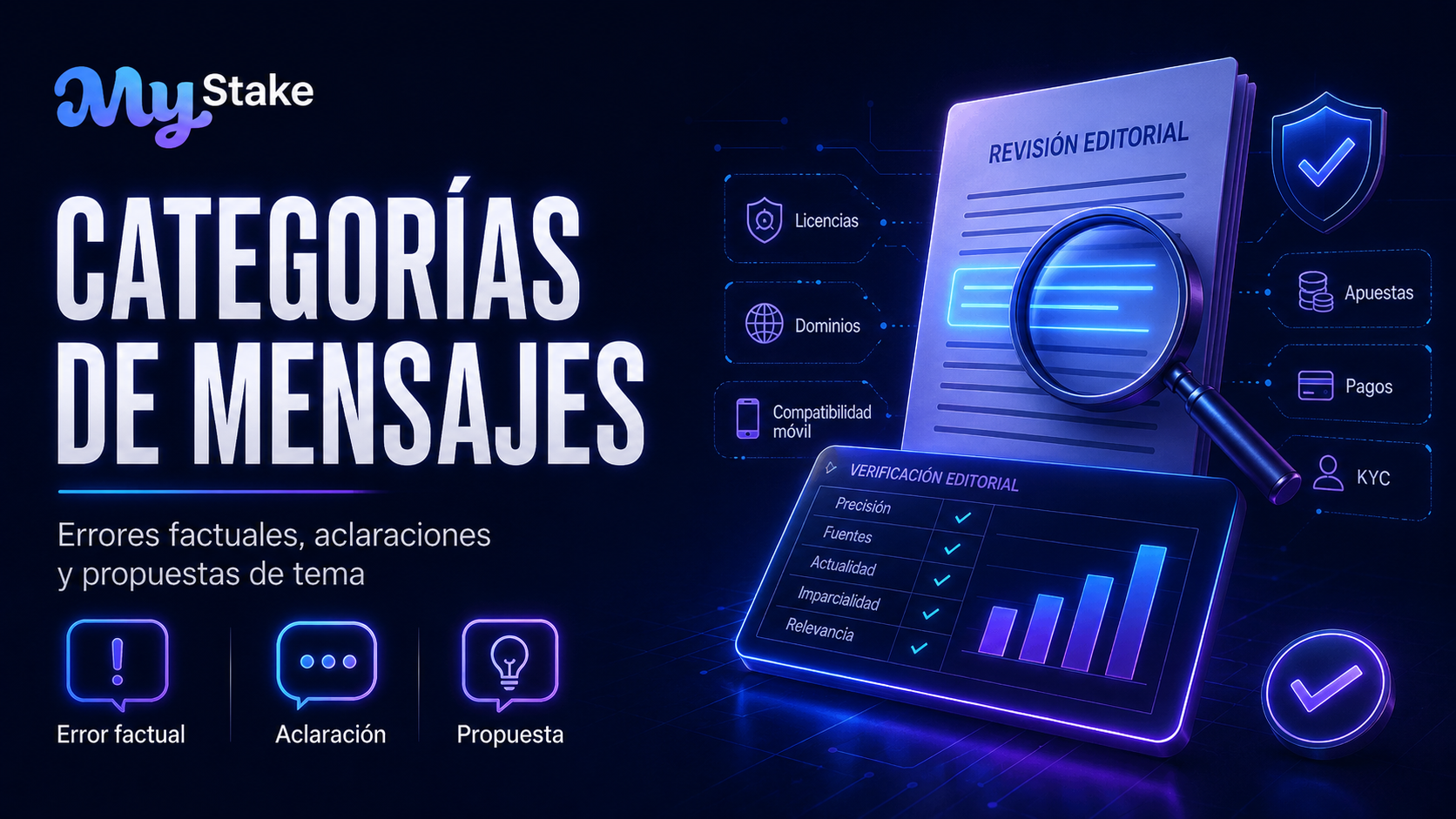Revisión editorial de errores factuales, aclaraciones y propuestas de nuevos temas para MyStake