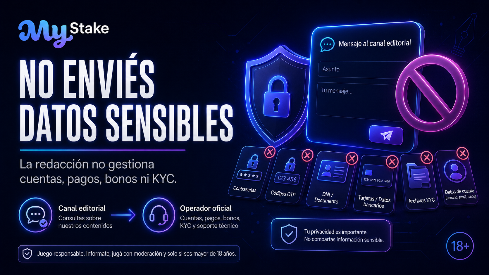 Advertencia de MyStake para no enviar contraseñas, códigos OTP, documentos KYC ni datos bancarios