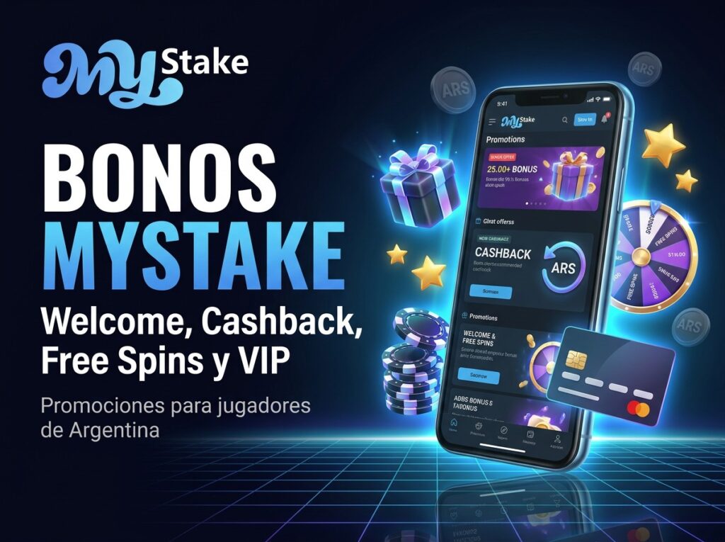 Banner de promociones MyStake Argentina con bonos, cashback, giros gratis, recompensas VIP y pagos en ARS