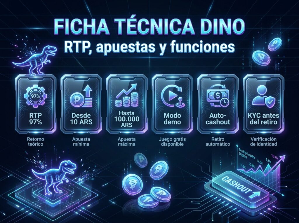 Infografía de Dino MyStake con RTP 97%, apuestas en ARS, modo demo, auto-cashout y KYC antes del retiro