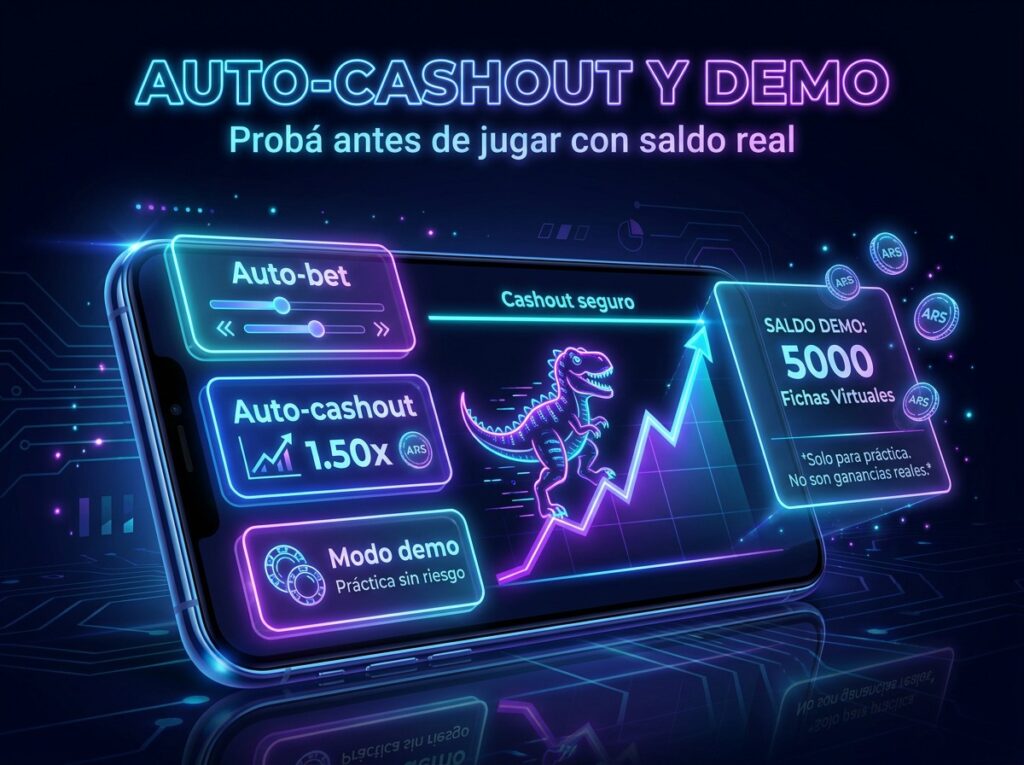 Pantalla de Dino MyStake con auto-bet, auto-cashout 1.50x y modo demo para practicar antes de jugar con saldo real