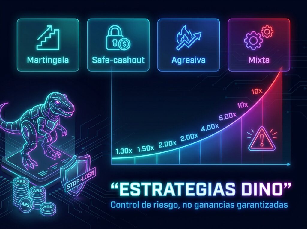 Panel de estrategias para Dino MyStake con Martingala, safe-cashout, juego agresivo, estrategia mixta y zonas de riesgo