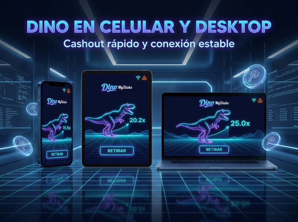 Dino MyStake abierto en celular, tablet y laptop con botón retirar, multiplicadores y conexión estable