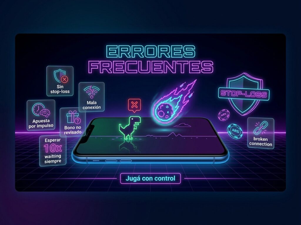 Errores frecuentes en Dino MyStake como jugar sin stop-loss, mala conexión, apuesta por impulso y bono no revisado