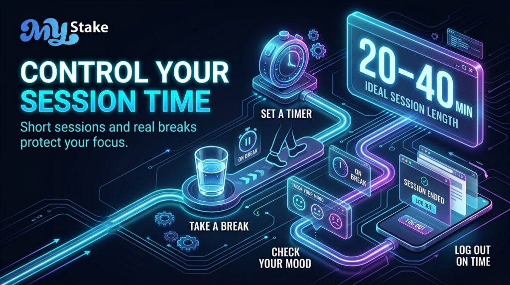Digital timer showing short gambling sessions, regular breaks and logging out when the time limit is reached