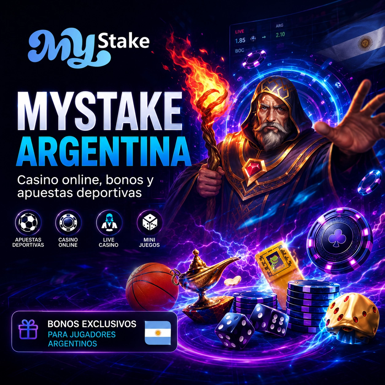 Imagen principal cuadrada de MyStake Argentina con casino online, bonos, apuestas deportivas y elementos de juego en estilo neón.
