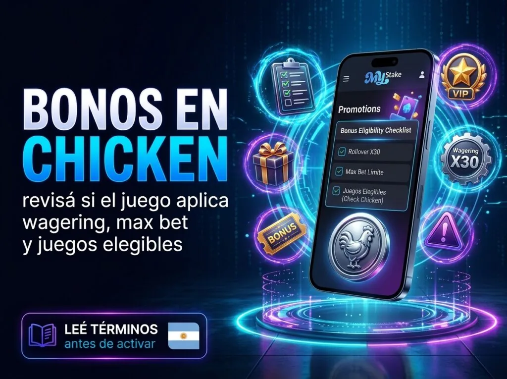 Imagen sobre bonos en Chicken MyStake con wagering, apuesta máxima, juegos elegibles y revisión de términos antes de activar