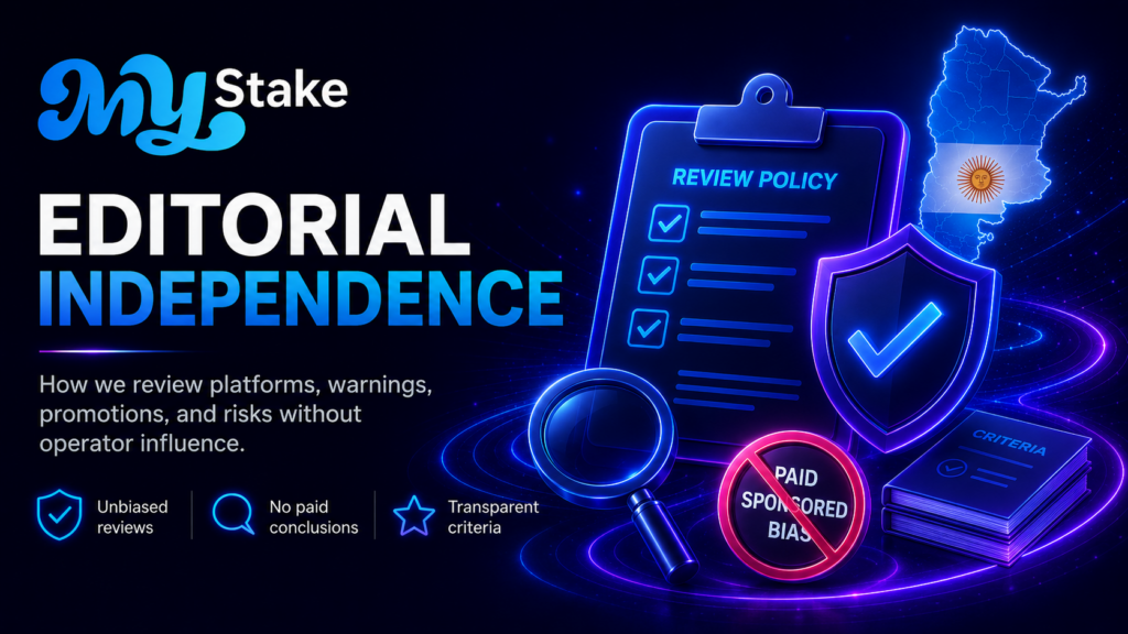 MyStake editorial independence banner with review policy, transparent criteria and unbiased platform analysis