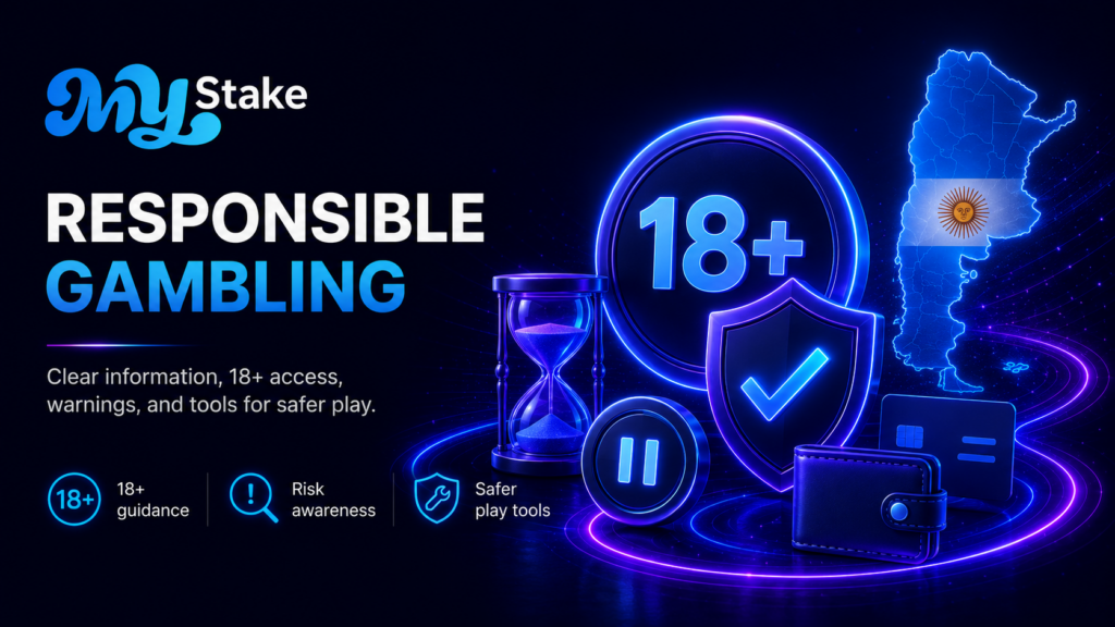 MyStake responsible gambling banner with 18+ badge, safer play tools, risk awareness and Argentina map