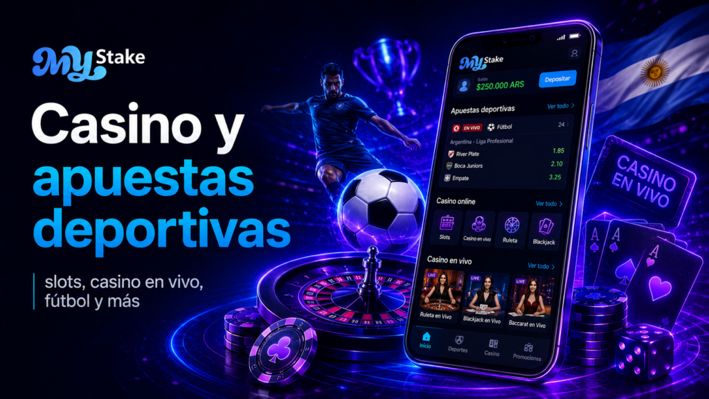 MyStake App con casino online, casino en vivo, apuestas deportivas, fútbol argentino, ruleta y juegos móviles