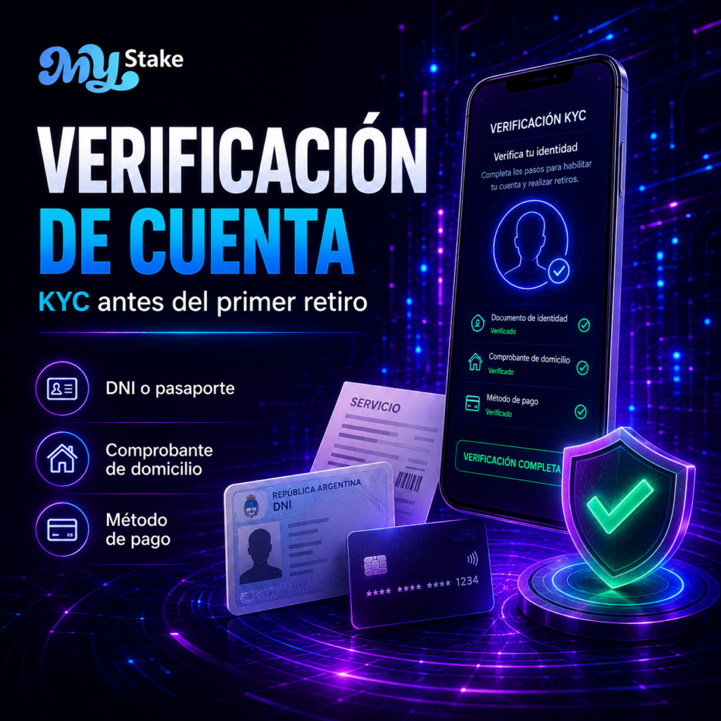 Proceso de verificación KYC en MyStake con DNI, comprobante de domicilio, método de pago y cuenta validada antes del primer retiro