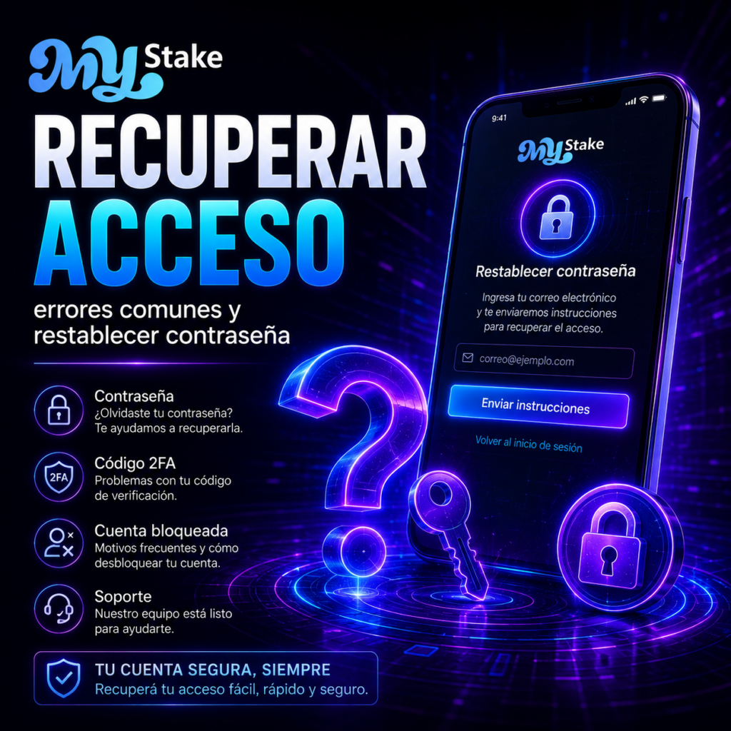 Formulario para restablecer contraseña de MyStake, problemas de 2FA, cuenta bloqueada y soporte para recuperar el acceso