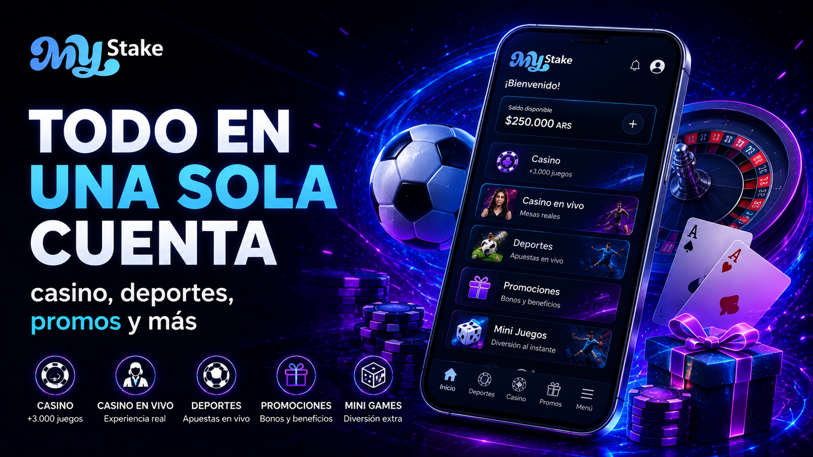 Panel móvil de MyStake con casino, casino en vivo, apuestas deportivas, promociones, mini games y saldo compartido en una sola cuenta