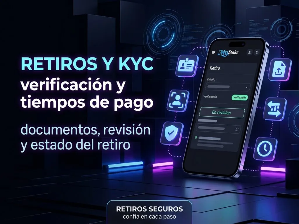 Ilustración de retiro en MyStake Argentina con verificación KYC, documentos enviados y estado en revisión