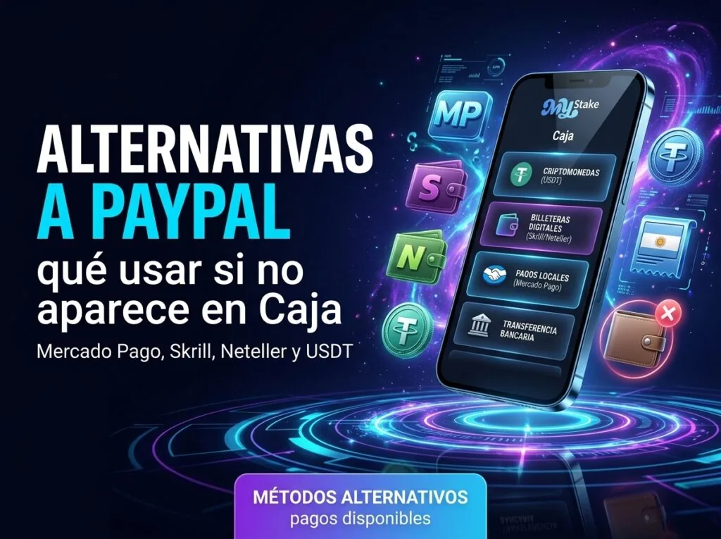 Imagen sobre alternativas a PayPal en MyStake Argentina con Mercado Pago, Skrill, Neteller, USDT y métodos disponibles