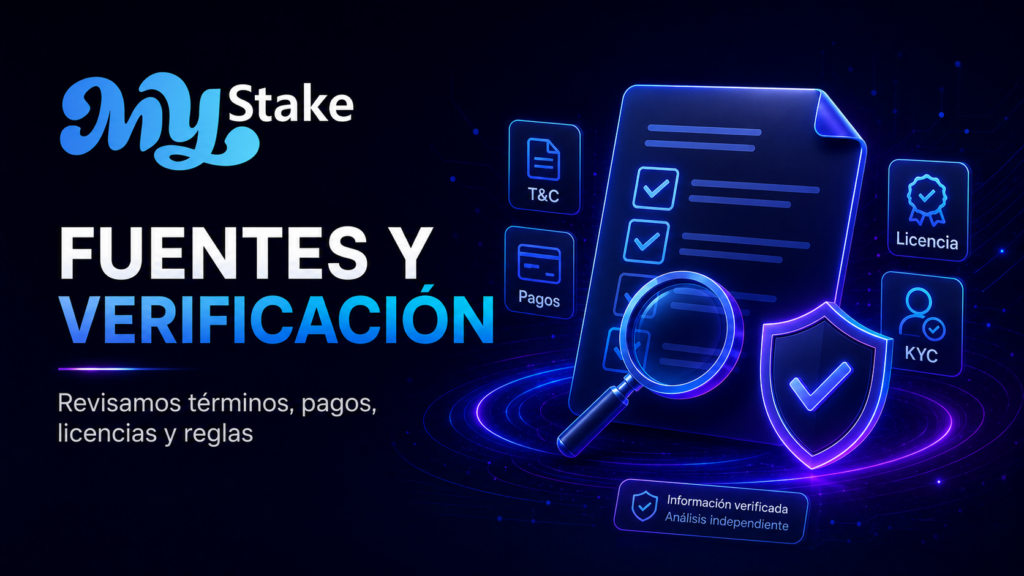 Ilustración de MyStake sobre revisión de fuentes, términos y condiciones, pagos, licencias y verificación KYC