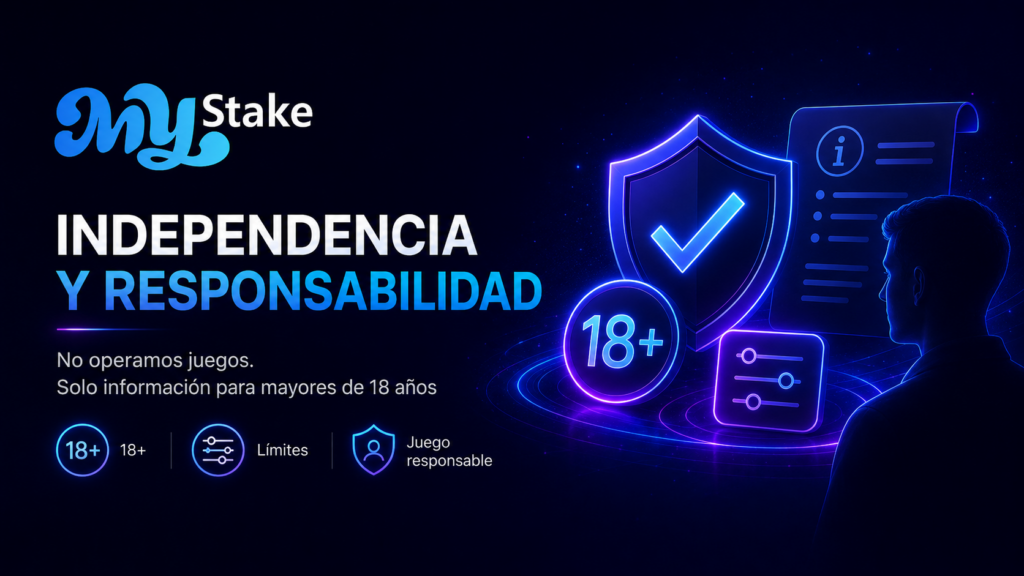 Ilustración de MyStake sobre independencia editorial, juego responsable y contenido solo para mayores de 18 años