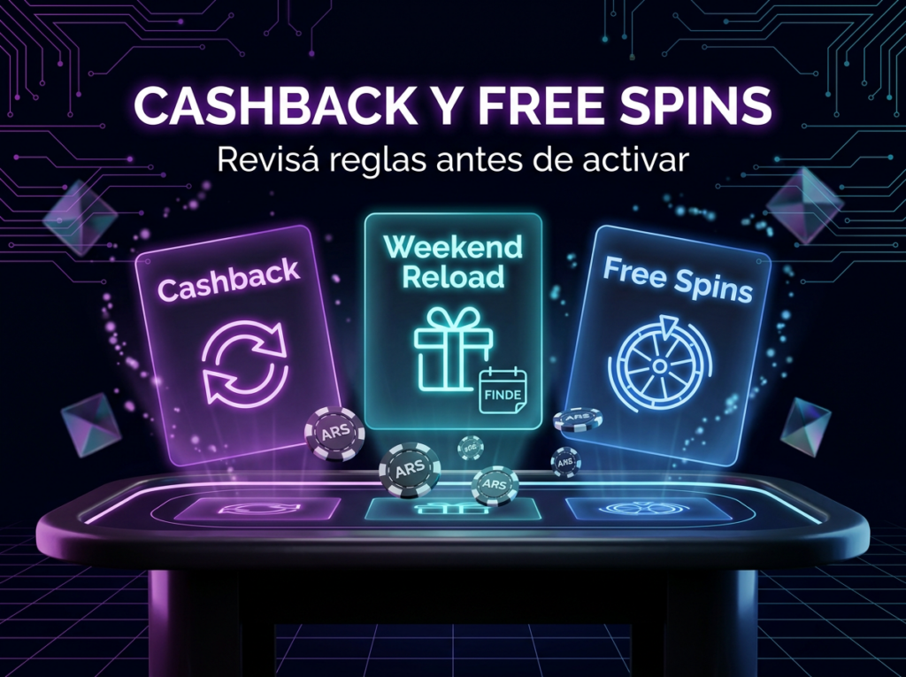 Tarjetas promocionales de MyStake con cashback, weekend reload y free spins para jugadores de Argentina