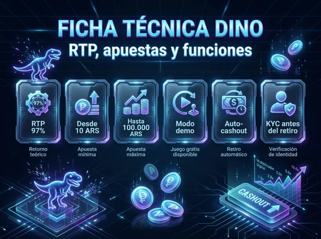 Infografía de Dino MyStake con RTP 97%, apuestas en ARS, modo demo, auto-cashout y KYC antes del retiro