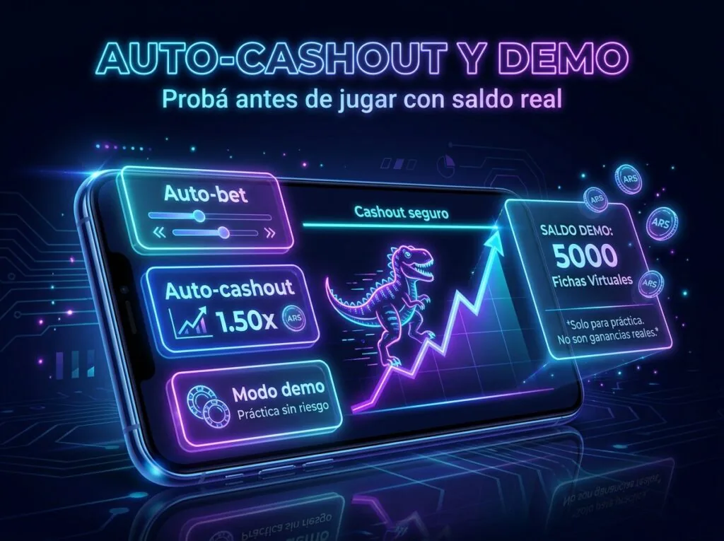 Pantalla de Dino MyStake con auto-bet, auto-cashout 1.50x y modo demo para practicar antes de jugar con saldo real