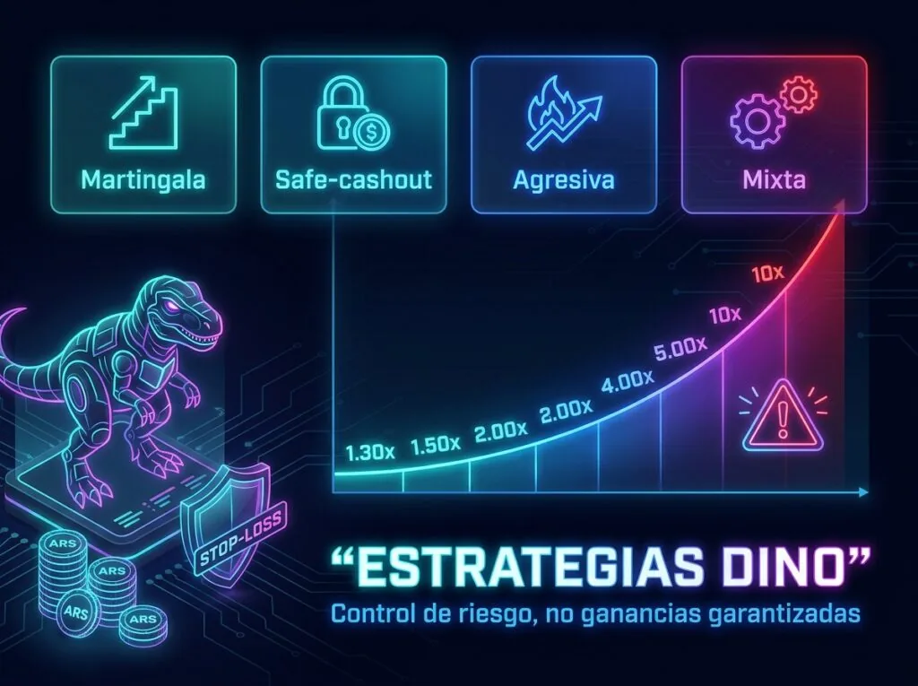 Panel de estrategias para Dino MyStake con Martingala, safe-cashout, juego agresivo, estrategia mixta y zonas de riesgo