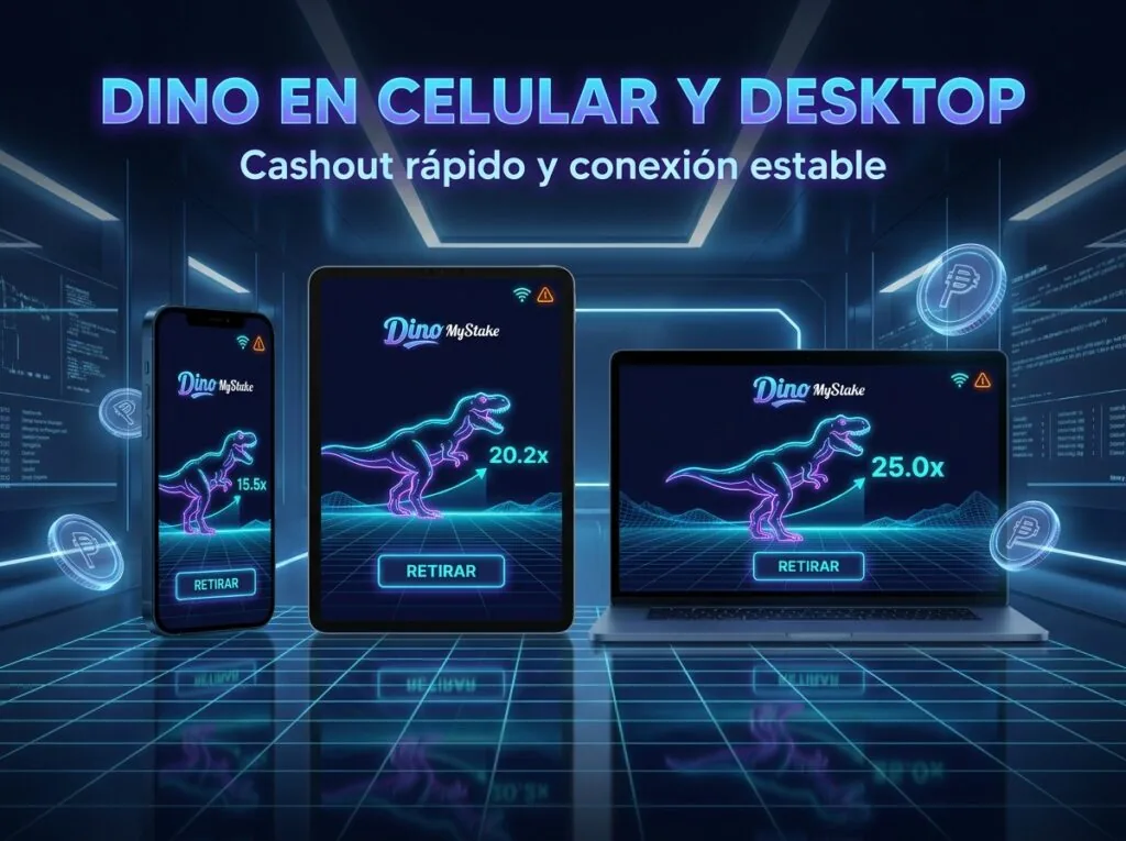 Dino MyStake abierto en celular, tablet y laptop con botón retirar, multiplicadores y conexión estable