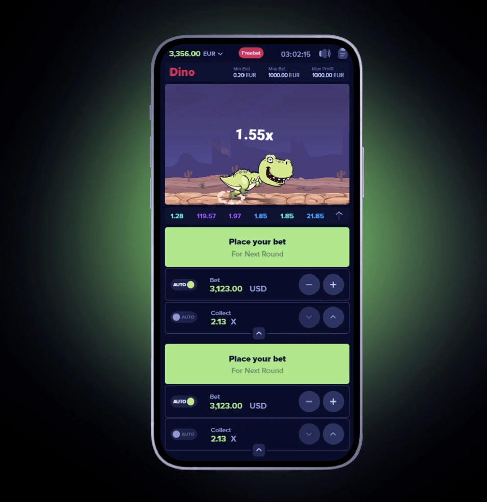 Mecánica del juego Dino MyStake con multiplicador visible y dinámica de cashout